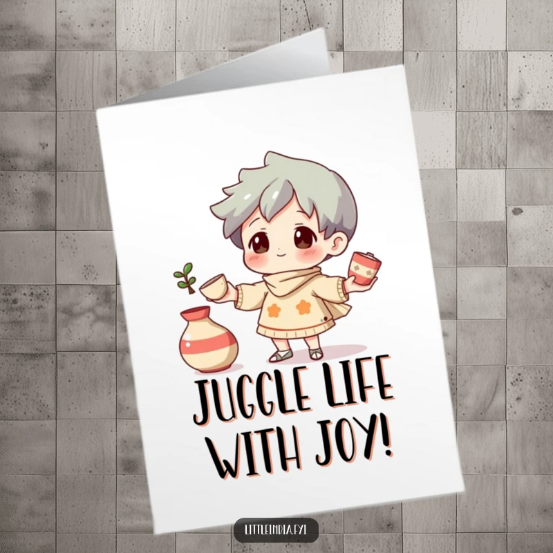 Funny Free Printable Birthday Card: A curious character skillfully juggles small, decorative pottery pieces with a smile.