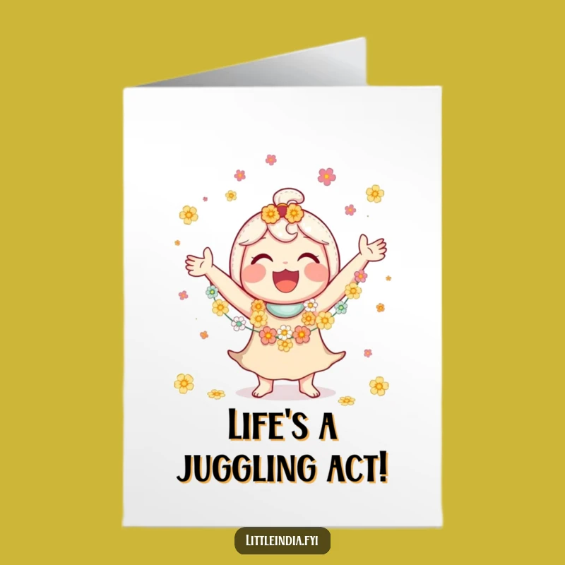 Free Printable Birthday Card: Juggling Flowers, Happy Character, Downloadable Gift