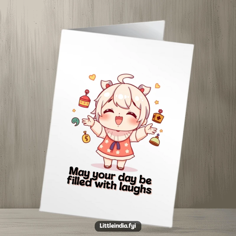 Funny Free Printable Birthday Card: Giggling character expertly juggling colorful, small decorative trinkets.