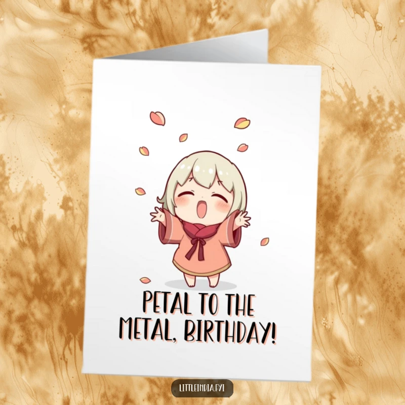 Funny Free Printable Birthday Card showing a joyful character gleefully tossing small petals into the air, creating a festive and humorous scene.