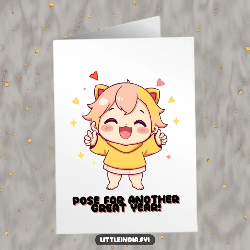 Funny Free Printable Birthday Card: Cheerful character striking a vibrant, celebratory pose, ready with humorous birthday wishes, downloadable.