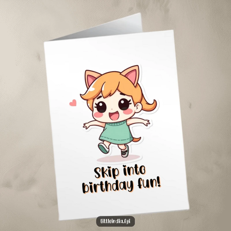 Funny Free Printable Birthday Card: Playful character performing a joyful, energetic skip, radiating happiness, downloadable.