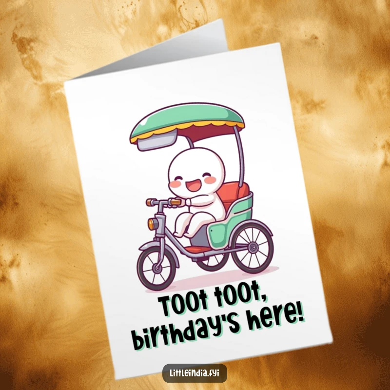 Funny Free Printable Birthday Card: A giggling rickshaw character honking its horn with a wide, happy smile.