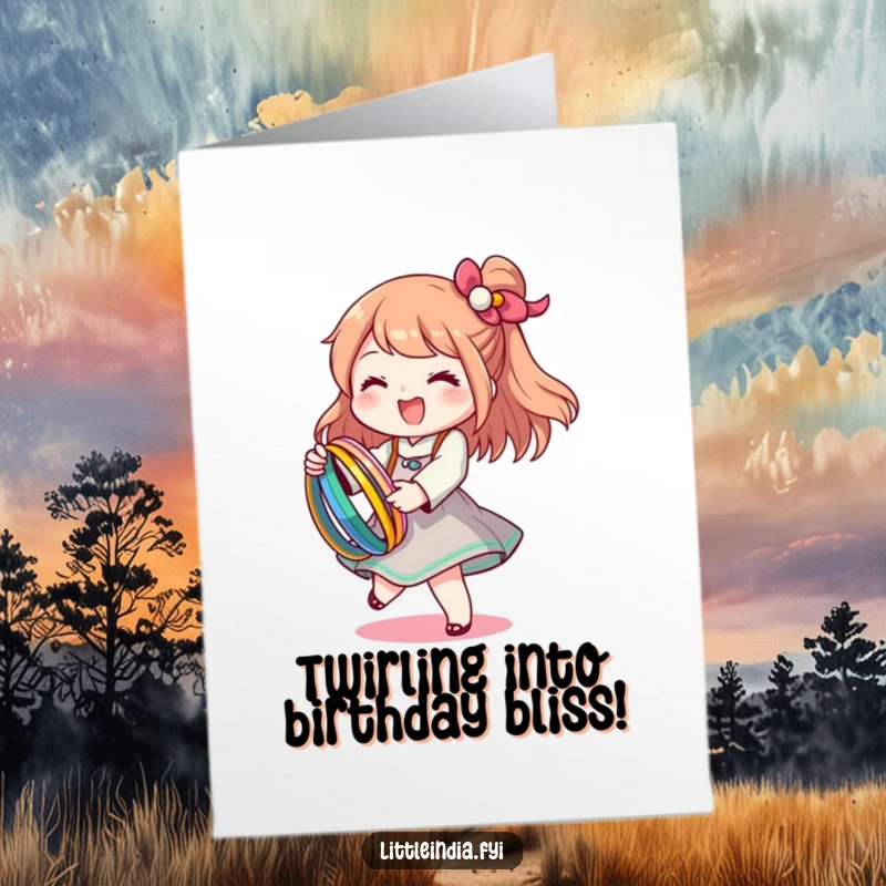 Funny Free Printable Birthday Card: Character happily twirling with a stack of colorful bangles for a festive birthday.