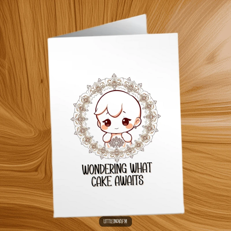 Funny Free Printable Birthday Card: A small character with a wide-eyed curious expression studies detailed, mesmerizing patterns, sparking wonder.