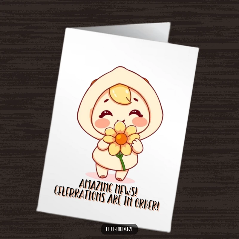 Funny Free Printable Congratulations Card: Happy character joyfully presenting a fragrant flower to celebrate success.