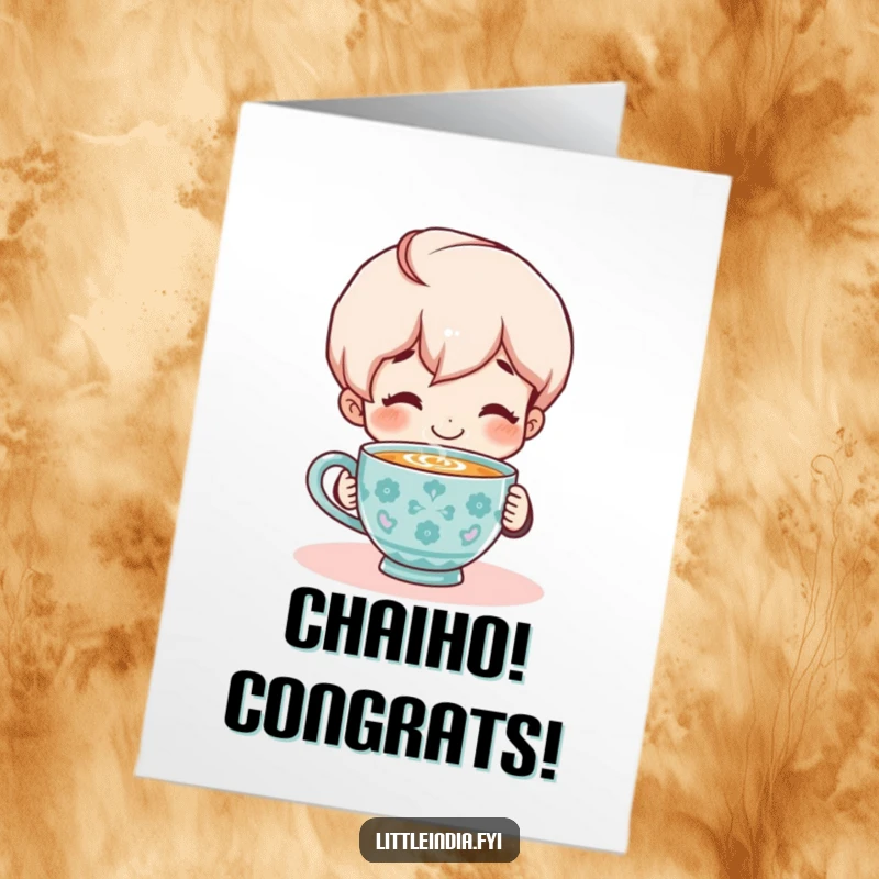Funny Free Printable Congratulations Card: Smiling character enjoying a steaming cup of chai, conveying warm and humorous congrats, downloadable.