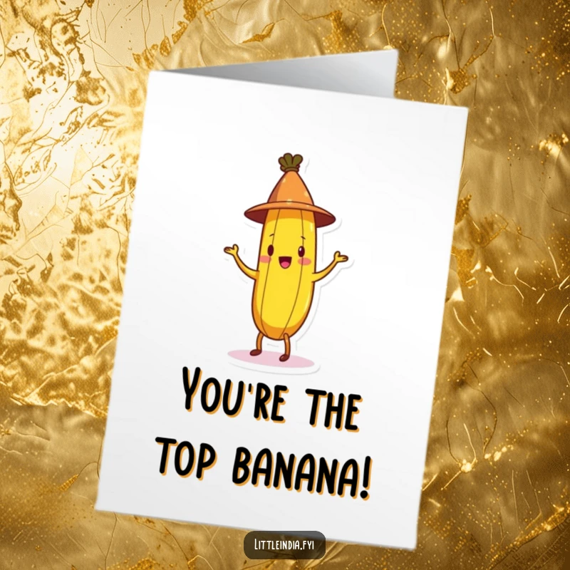 Funny Free Printable Congratulations Card: A smiling banana with a party hat joyfully performing a lively jig.