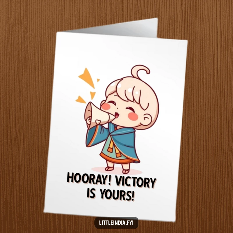 Funny Free Printable Congratulations Card: Enthusiastic character blowing a conch shell with gusto, celebrating success.