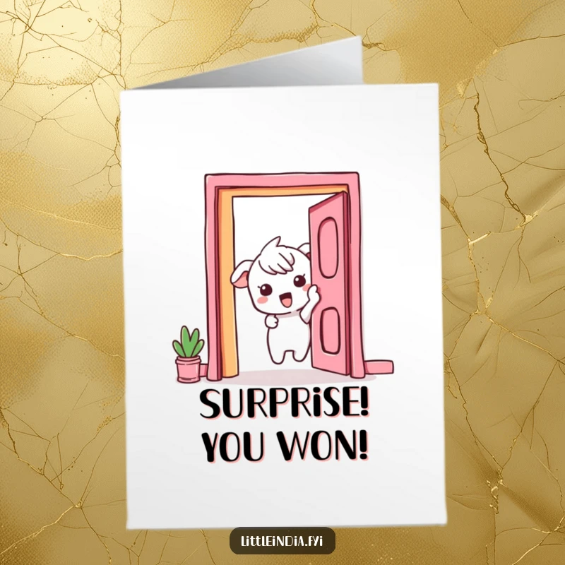 Funny Free Printable Congratulations Card: A curious character peeks with excitement from behind a colorful, vibrant doorway.