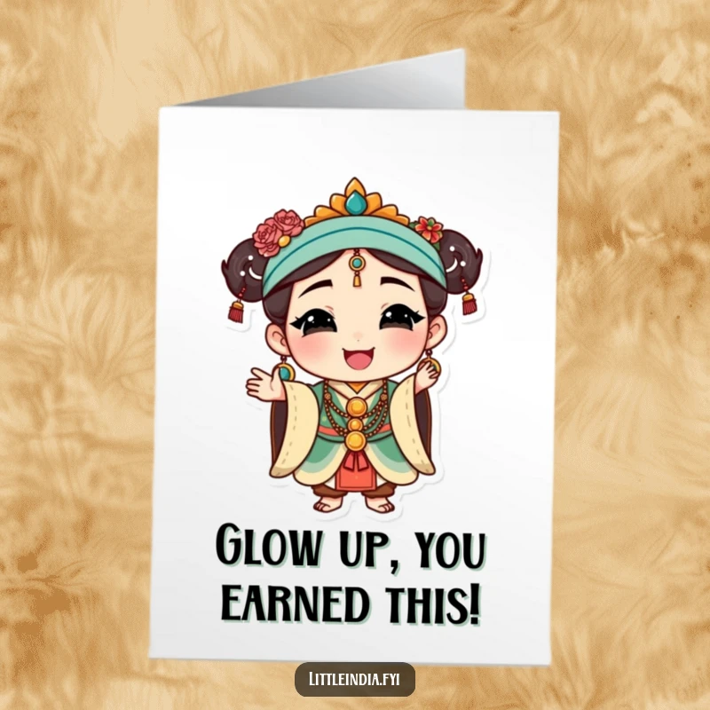 Funny Free Printable Congrats Card: Character adorned in traditional jewelry, striking a poised and graceful stance. DIY gift.