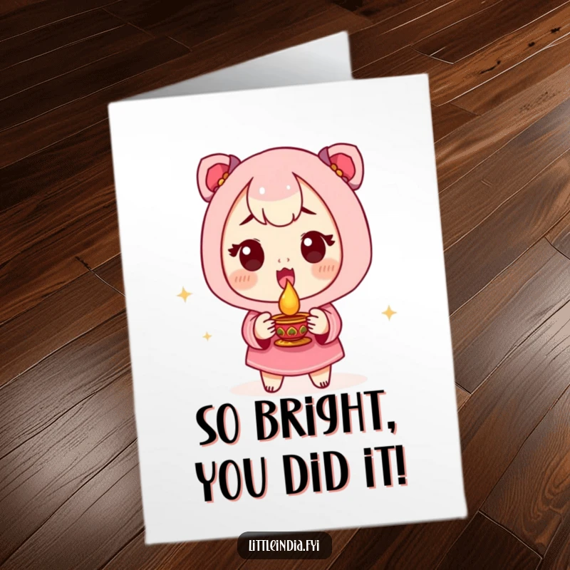 Funny Free Printable Congrats Card: Cute character, excited expression, holding a small diya lamp, celebrating success, downloadable art.