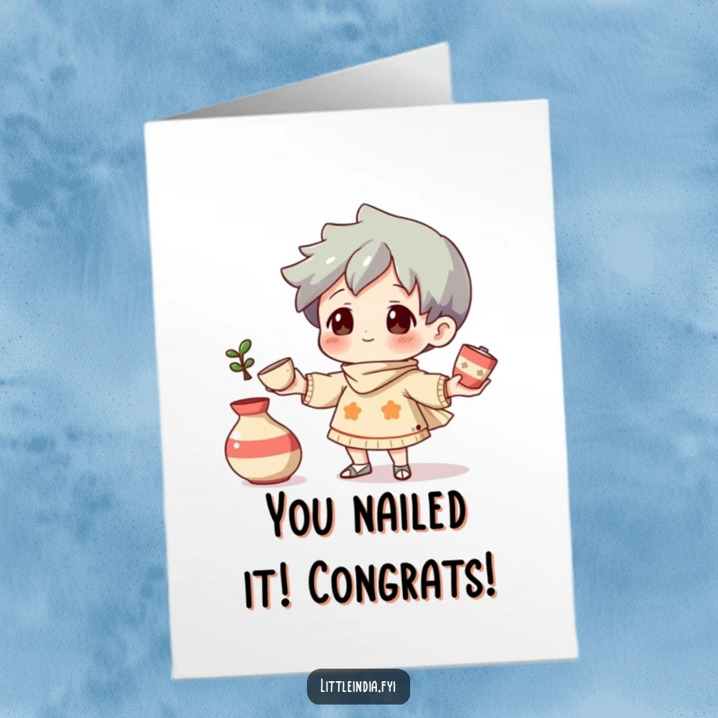 Funny Free Printable Congrats Card: A curious character juggles several small, decorative pottery items, celebrating an achievement.