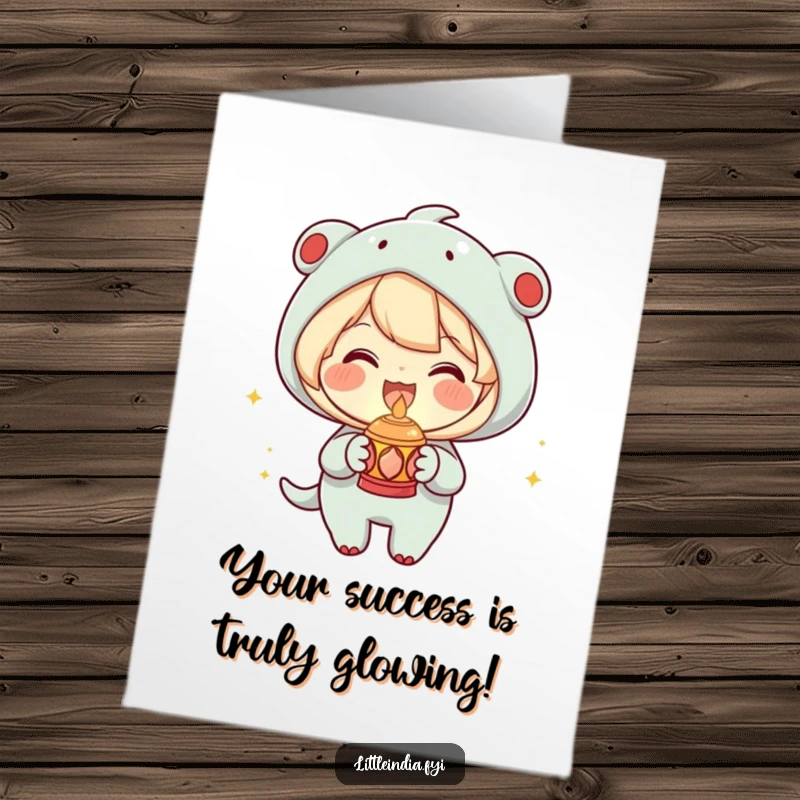 Funny Free Printable Congratulations Card: A joyous character holding a small decorative lamp, symbolizing a bright, successful future.