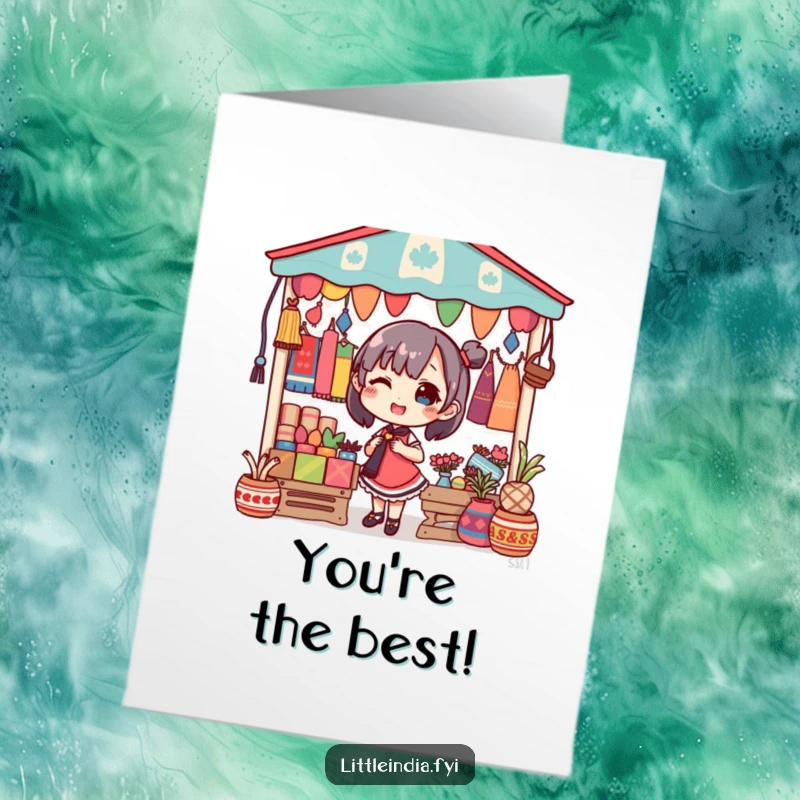 Funny Free Printable Congratulations Card: Character happily decorating a market stall with bright, colorful textiles.