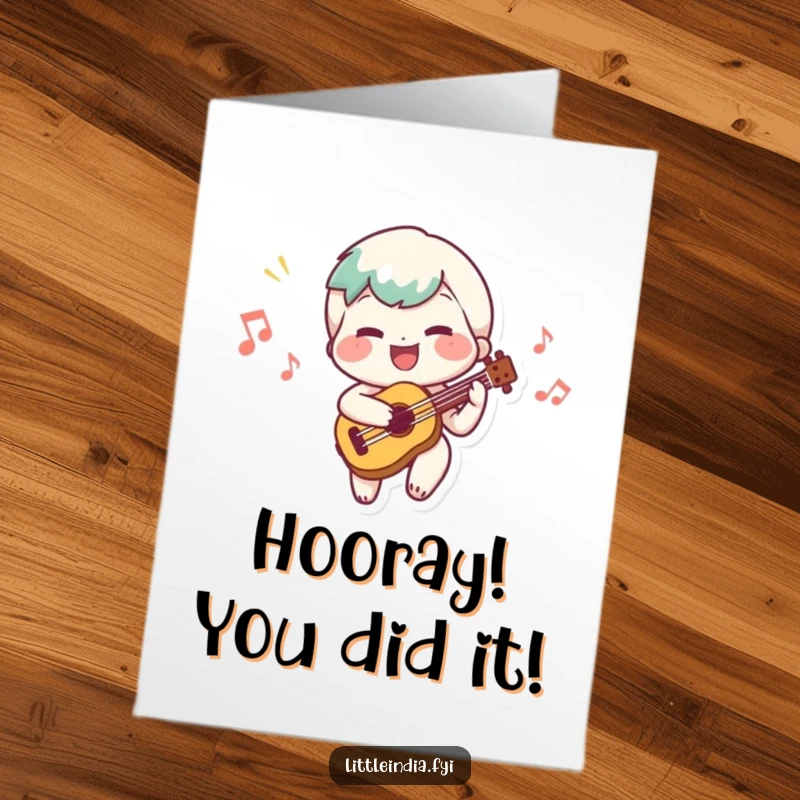 Funny Free Printable Congratulations Card: Character playing a small musical instrument, radiating happiness and a successful tune.