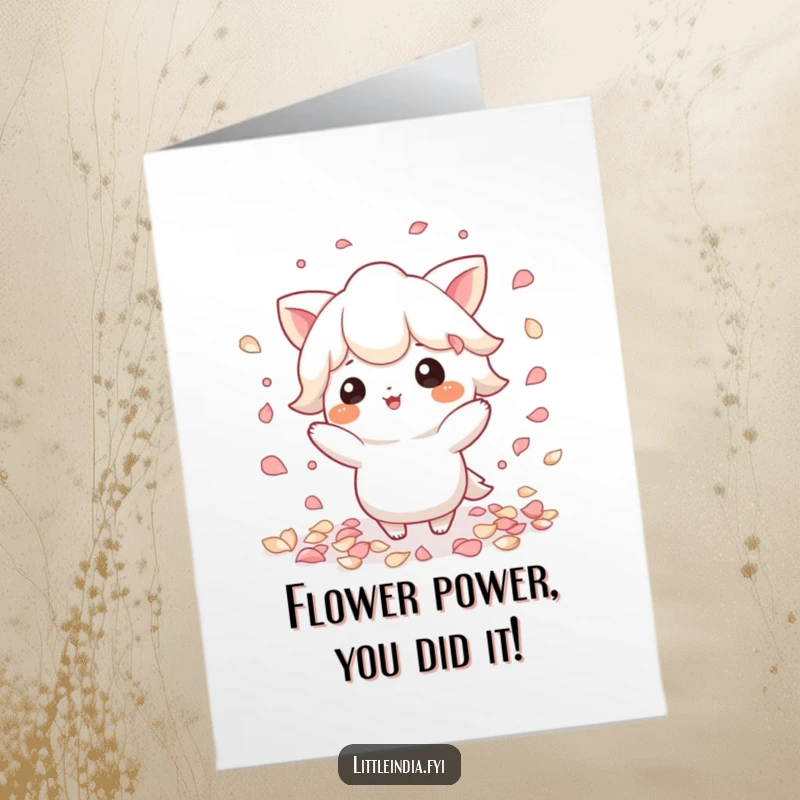 Funny Free Printable Congrats Card: Playful character scattering flowers with a graceful motion, celebrating achievements. DIY gift.