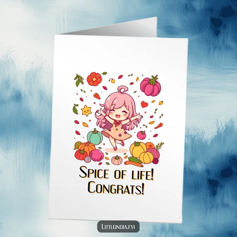 Funny Free Printable Congratulations Card: Delighted character dancing among colorful spices, expressing vibrant and humorous joy, downloadable.