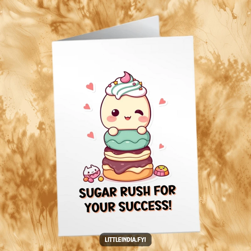 Funny Free Printable Congrats Card: A giggling character presents a generous stack of sweet treats to celebrate.