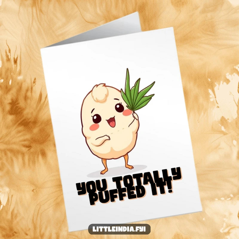 Funny Free Printable Congratulations Card: A curry puff energetically fanning itself, a tropical downloadable gift.