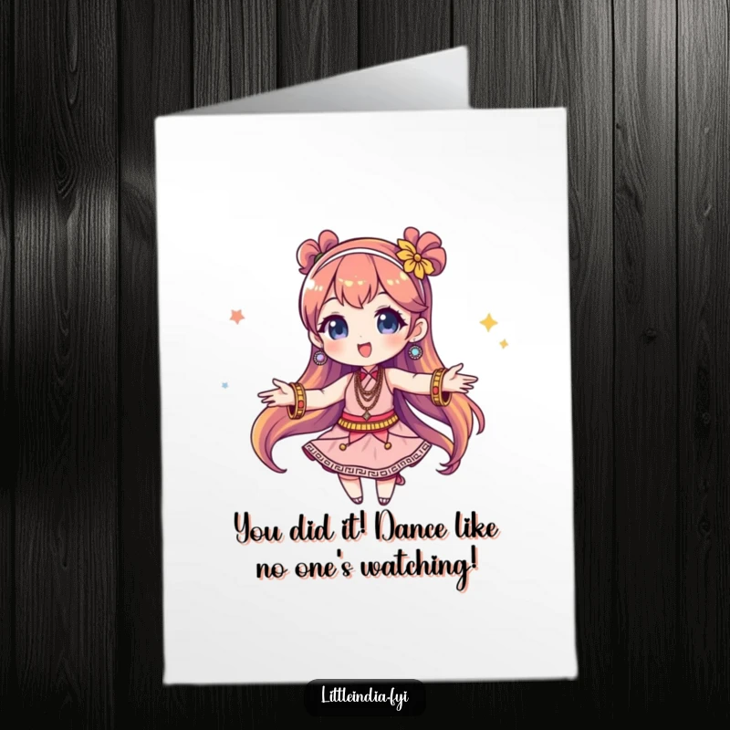 Funny Free Printable Congratulations Card: Joyful character adorned in colorful bangles, twirling with excitement.