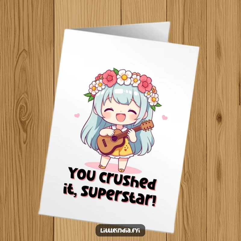 Funny Free Printable Congratulations Card: Happy character with a flower garland joyfully plays music, celebrating success.