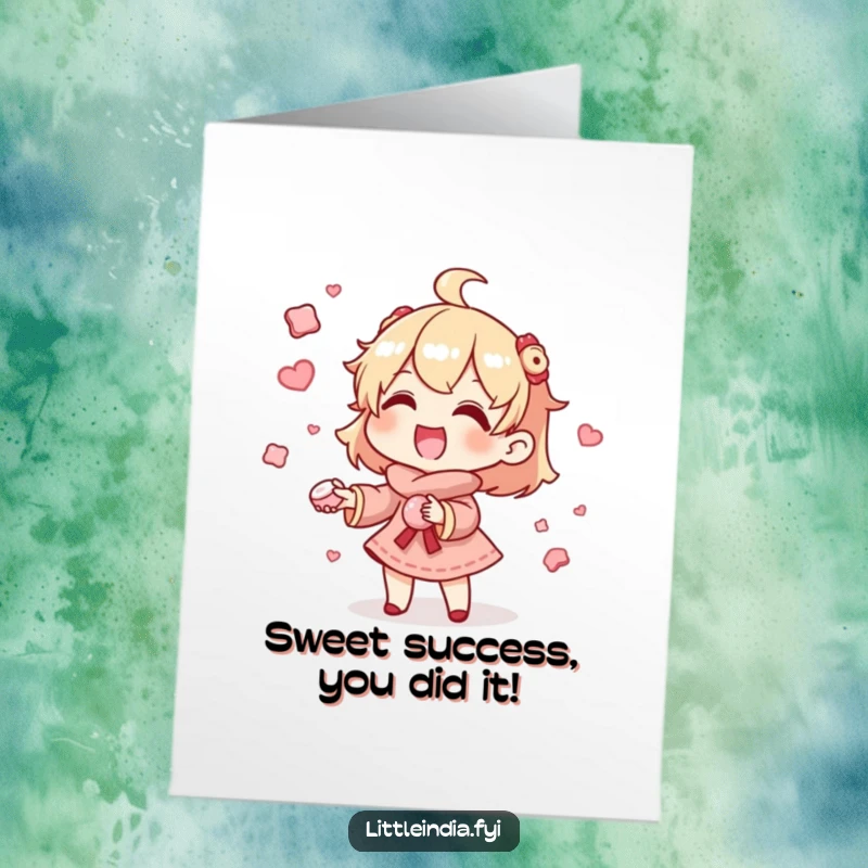 Funny Free Printable Congratulations Card showing a character expertly juggling tiny sweets, symbolizing a sweet achievement with humorous flair.