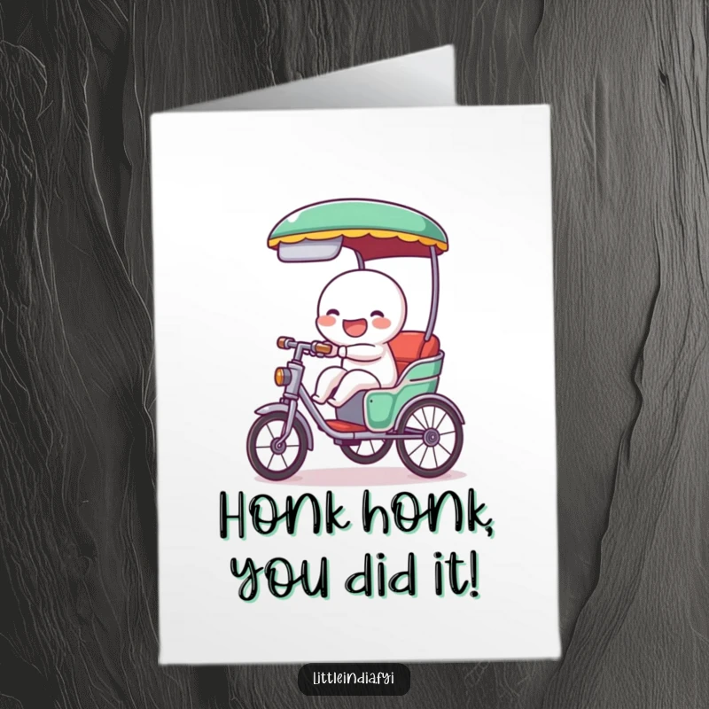 Funny Free Printable Congratulations Card: A rickshaw character cheerfully honking, ready to drive towards success.