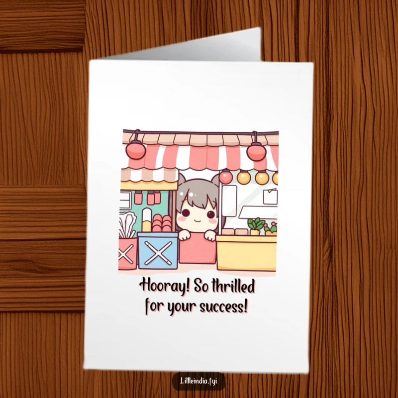 Funny Free Printable Congratulations Card: Playful character mischievously peeking from behind colorful market stalls.