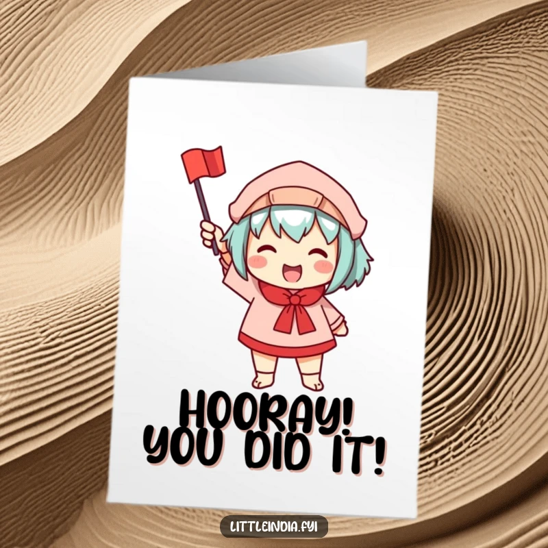 Funny Free Printable Congratulations Card: A character proudly waves a small, colorful flag, signaling a moment of joyous achievement.