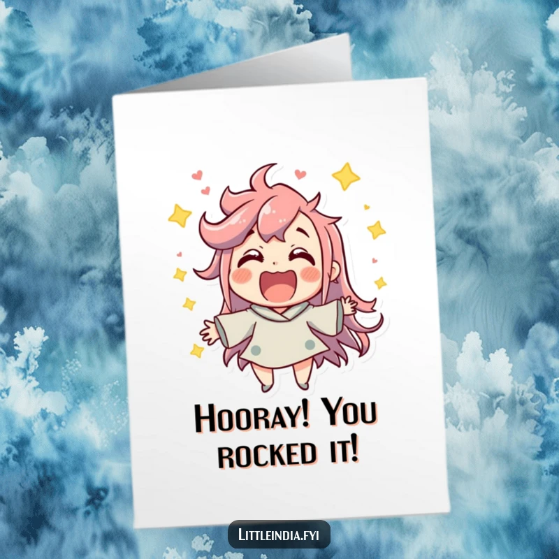 Funny Free Printable Congrats Card: Jubilant character buzzing with excitement in a lively setting, celebrating success. DIY gift.