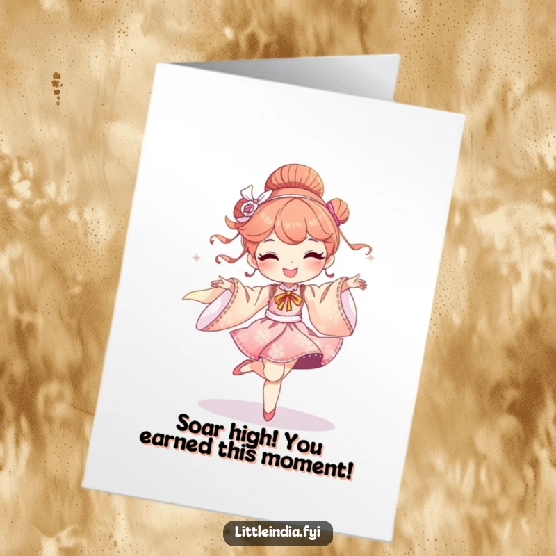 Funny Free Printable Congratulations Card: Delighted character twirling and dancing with shimmering, luxurious silk fabrics.