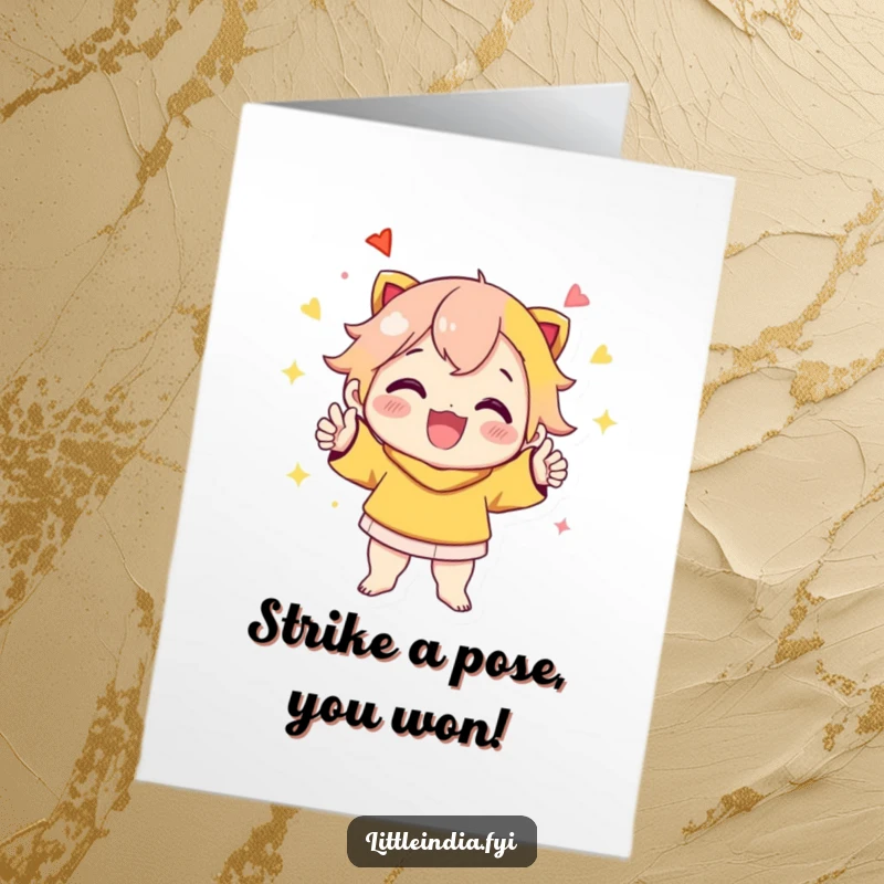 Funny Free Printable Congratulations Card: Cheerful character striking a vibrant, celebratory pose, exuding pure joy, downloadable fun.