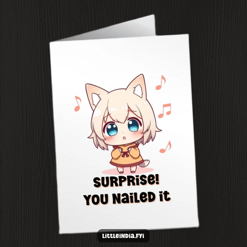 Funny Free Printable Congratulations Card: a surprised character listening to distant music, celebrating a surprising achievement.