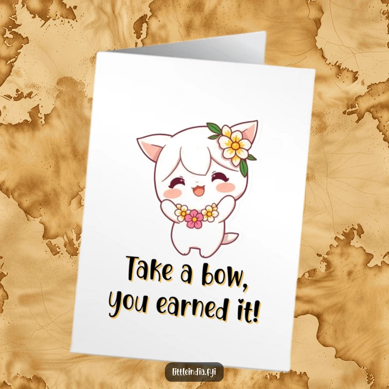 Funny Free Printable Congratulations Card showing a happy character with flowers bowing playfully, ideal for sharing good news humorously.