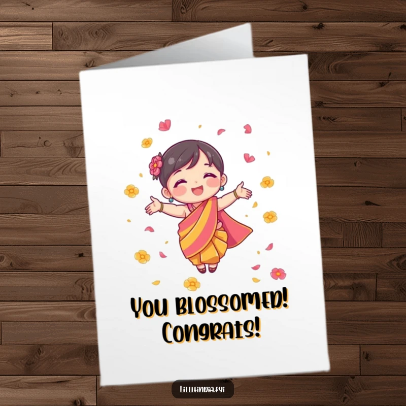 Funny free printable congratulations card showing a character in a colourful sari showering flower petals with joy.