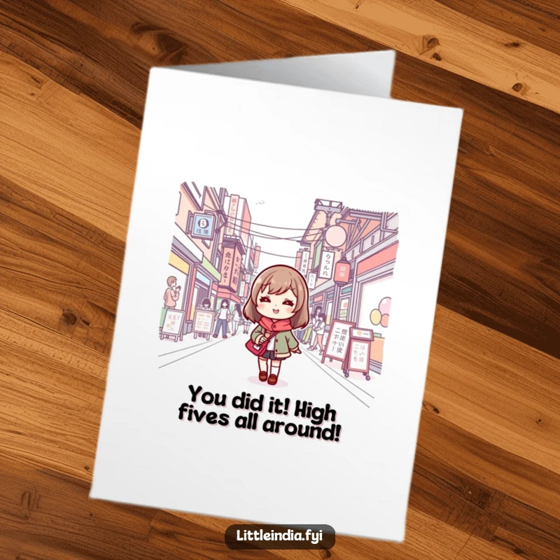 Funny Free Printable Congratulations Card: Cute character confidently walking through a busy street, celebrating success.