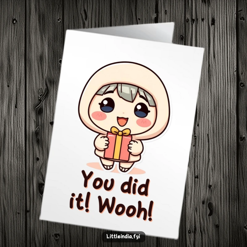 Funny Free Printable Congratulations Card: A cheerful character proudly presents a gift with a warm, generous smile.