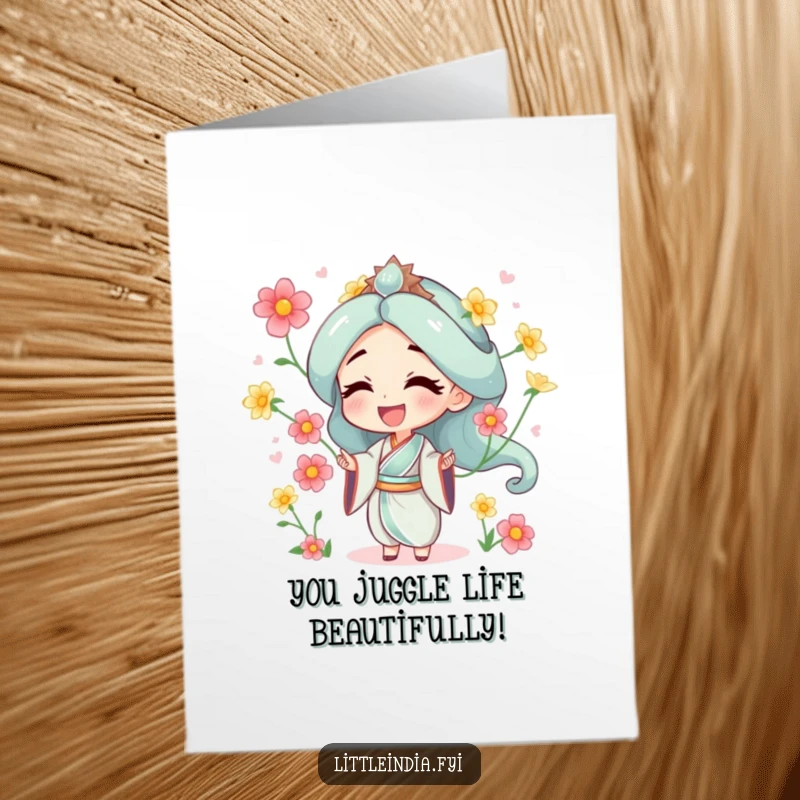 Funny Free Printable Congratulations Card featuring a character joyfully juggling jasmine flowers, symbolizing a beautiful and humorous achievement.