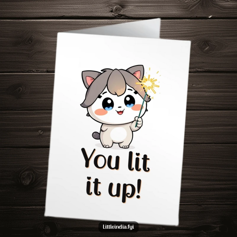 Funny Free Printable Congratulations Card: Joyful character with sparkling eyes holds a playful sparkler, celebrating achievement.