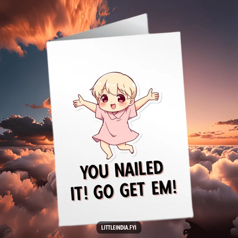 Free Printable Congratulations Card: Ecstatic character busting a move with exaggerated arm gestures, celebrating a win.