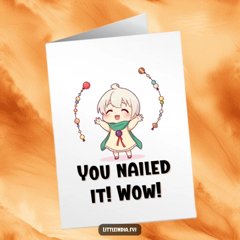 Funny Free Printable Congratulations Card: A character comically juggles beads, symbolizing the beautiful chaos of success. A great downloadable gift.