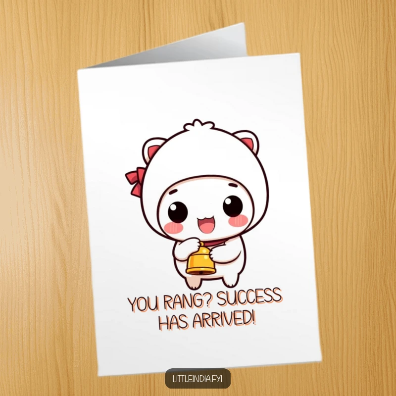 Funny Free Printable Congratulations Card showing a happy character ringing a small bell to signify wonderful news.