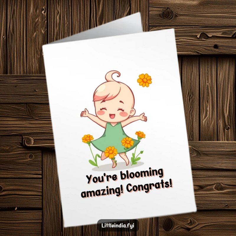 Funny Free Printable Congrats Card: A happy character joyfully dances with colorful marigold flowers, celebrating success.