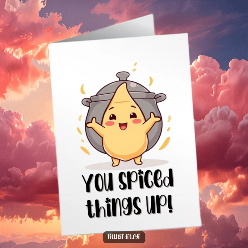 Funny Free Printable Congrats Card: Samosa victoriously stands before a conquered giant curry pot, celebrating.