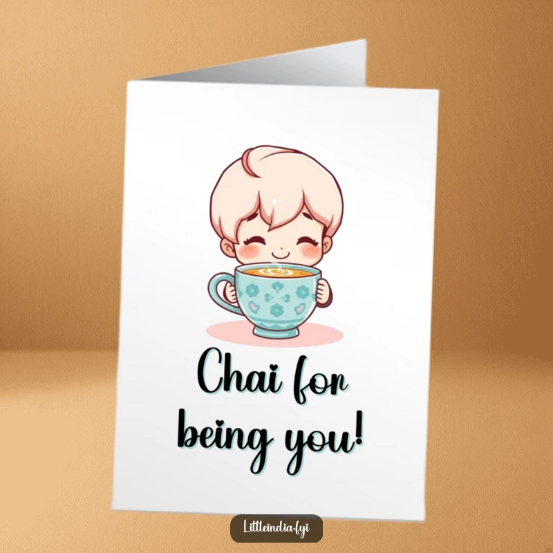 Funny Free Printable Thank You Card: Smiling character enjoying a steaming cup of chai, expressing warm and humorous gratitude, downloadable.