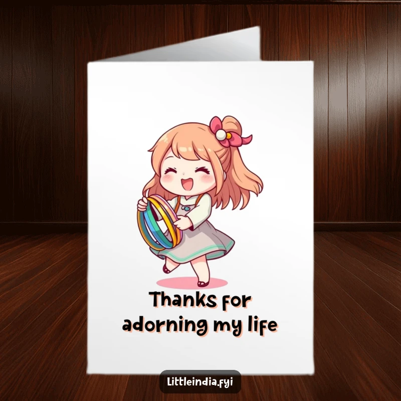 Funny Free Printable Thank You Card: Character happily twirling with colorful bangles, offering a grateful and festive thank you.