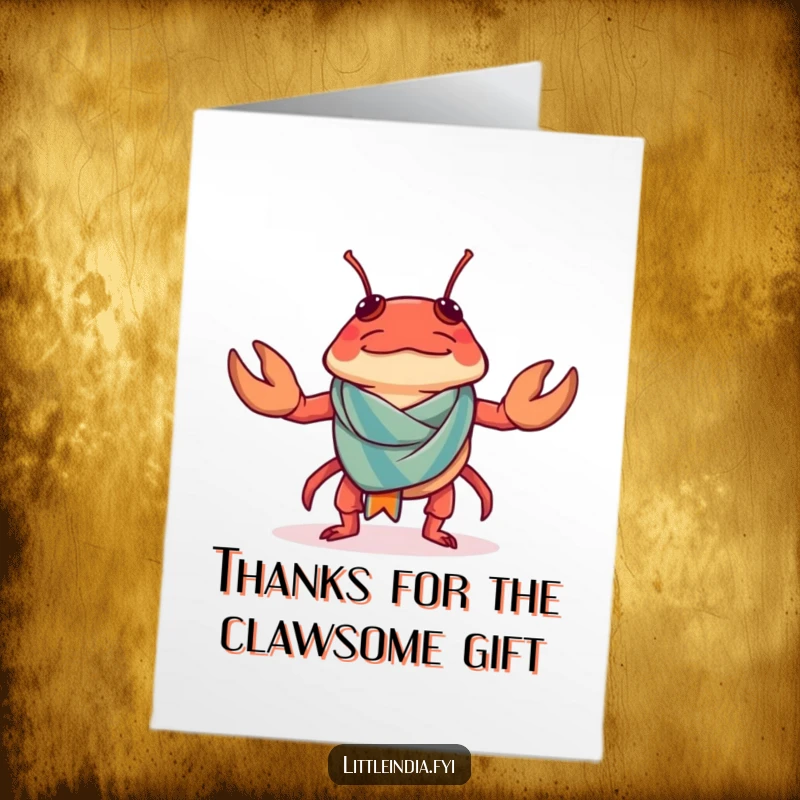 Funny Free Printable Thank You Card: A confused chilli crab attempting to wear a tiny sarong, a humorous downloadable gift.