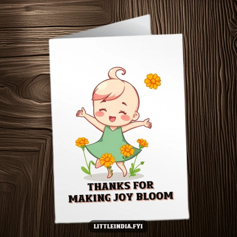 Funny Free Printable Thank You Card: A character dances joyfully with small marigold flowers, expressing thanks.