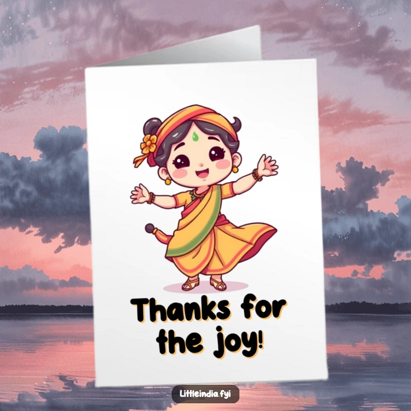 Funny Free Printable Thank You Card: Character in a bright sari, dancing joyfully to say thanks.
